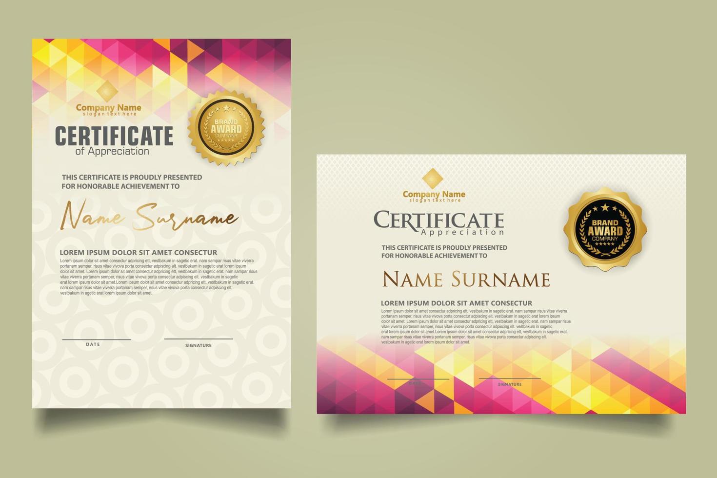 Set certificate template with triangle geometric polygonal background vector