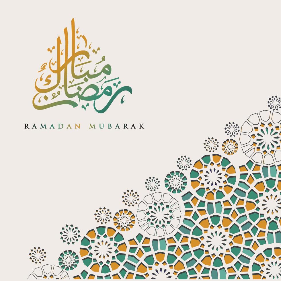 diseño lujoso y elegante ramadan kareem con caligrafía árabe y detalles coloridos ornamentales islámicos de mosaico para saludo islámico.ilustración vectorial. vector