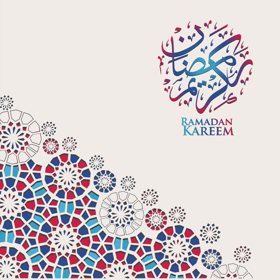 diseño lujoso y elegante ramadan kareem con caligrafía árabe y detalles coloridos ornamentales islámicos de mosaico para saludo islámico.ilustración vectorial. vector