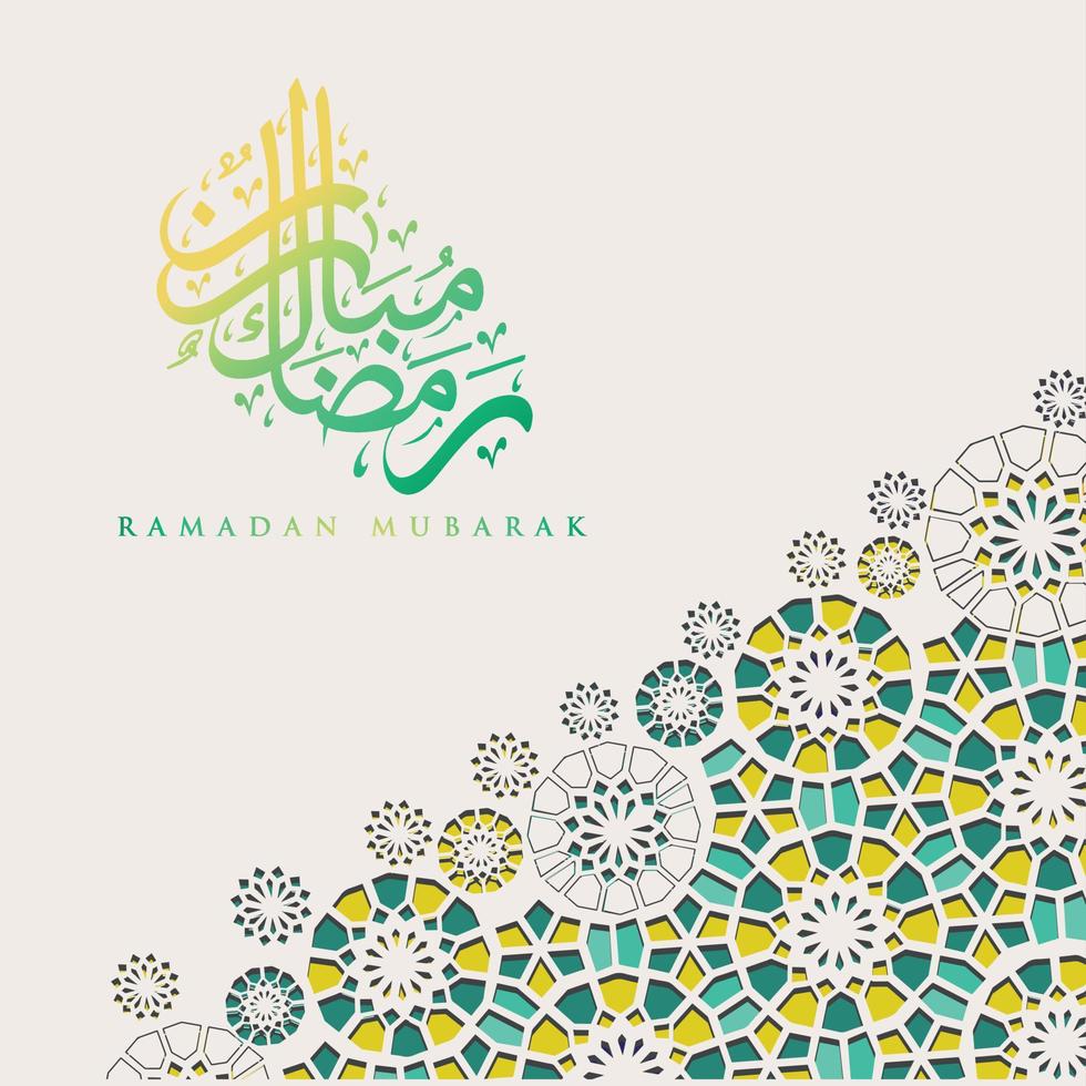 diseño lujoso y elegante ramadan kareem con caligrafía árabe y detalles coloridos ornamentales islámicos de mosaico para saludo islámico.ilustración vectorial. vector