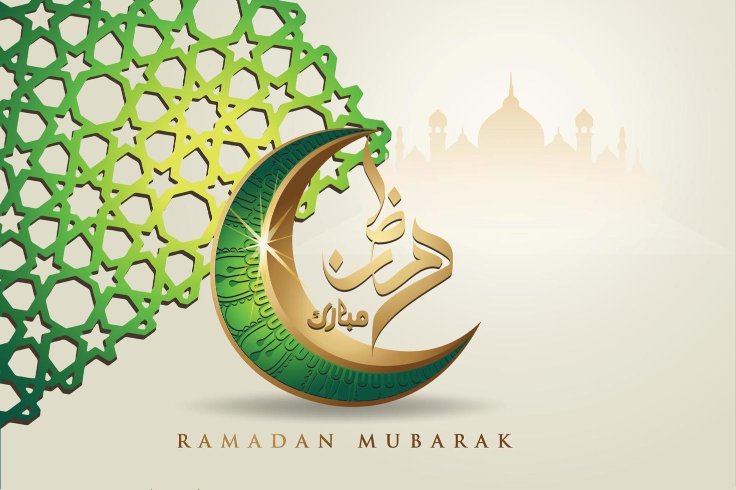 diseño lujoso y elegante ramadan kareem con caligrafía árabe, luna creciente y detalles coloridos ornamentales islámicos de mosaico para saludo islámico.ilustración vectorial. vector