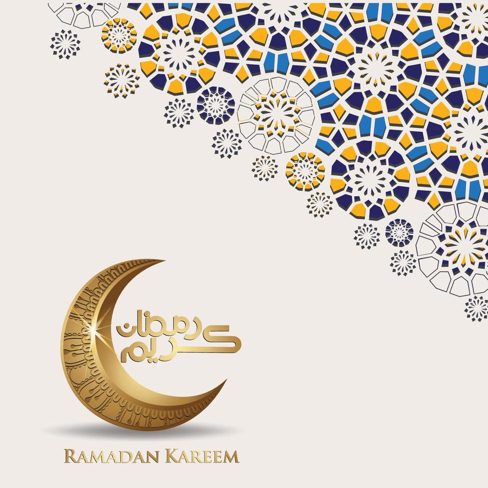 Luxurious and elegant design Ramadan kareem with arabic calligraphy, crescent moon and Islamic ornamental colorful detail of mosaic for islamic greeting.Vector illustration. vector