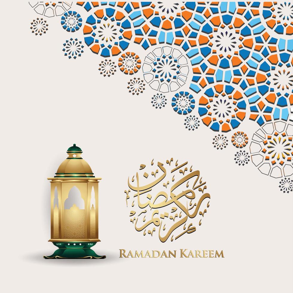 Luxurious and elegant design Ramadan kareem with arabic calligraphy, traditional lantern and Islamic ornamental colorful detail of mosaic for islamic greeting.Vector illustration. vector