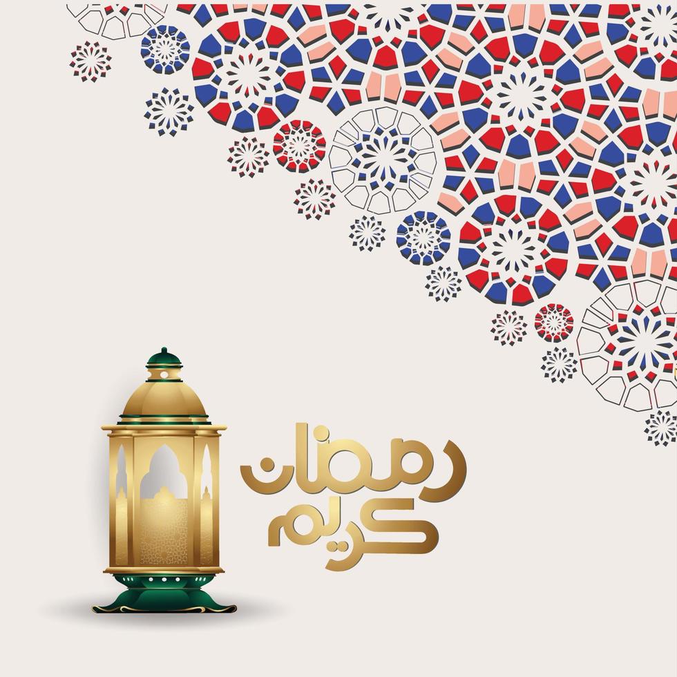 diseño lujoso y elegante ramadan kareem con caligrafía árabe, linterna tradicional y colorido detalle ornamental islámico de mosaico para saludo islámico.ilustración vectorial. vector