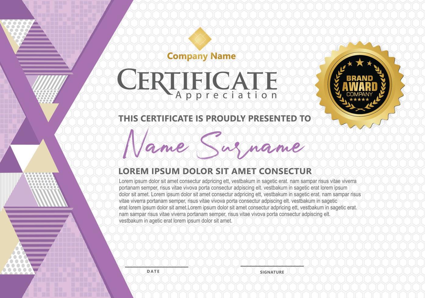 modern certificate template with triangle with halftone on line ornament on pattern background. vector