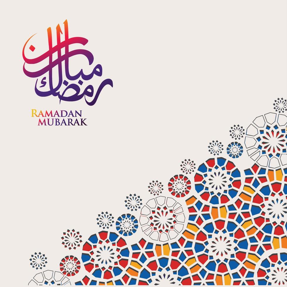 diseño lujoso y elegante ramadan kareem con caligrafía árabe y detalles coloridos ornamentales islámicos de mosaico para saludo islámico.ilustración vectorial. vector