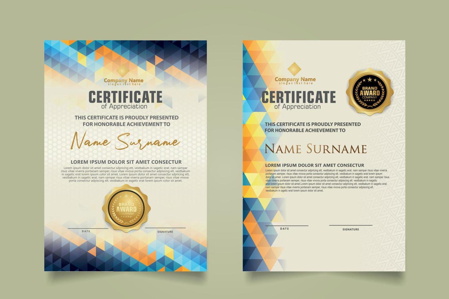 Set certificate template with triangle geometric polygonal background vector