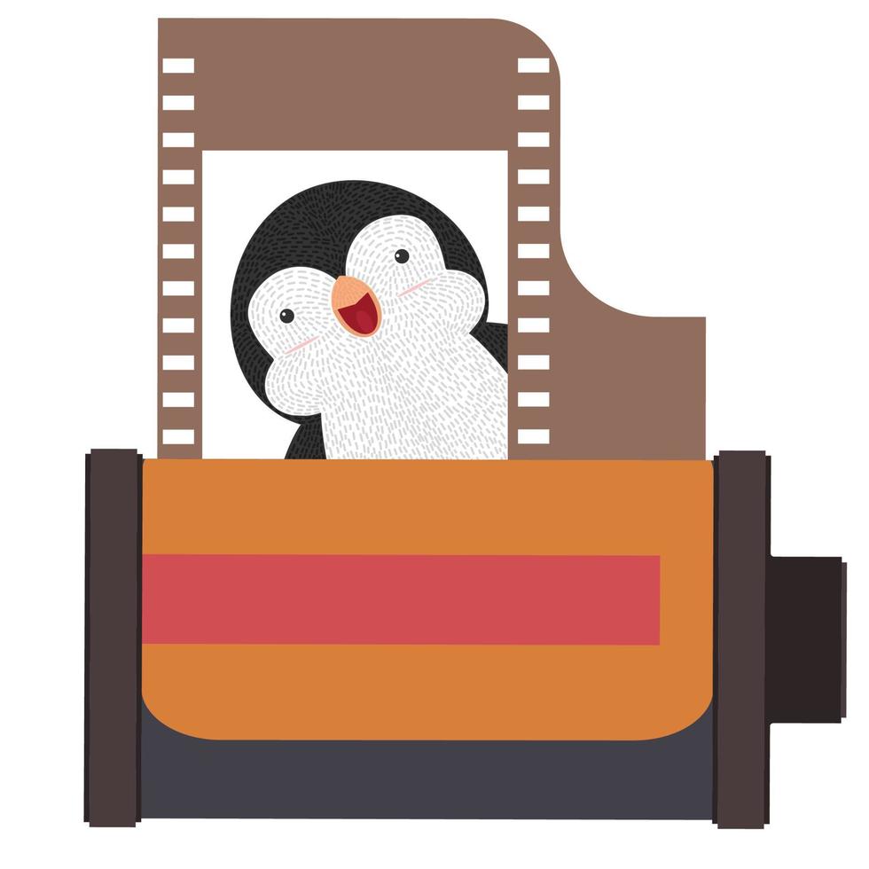 rollo de película de cámara con pingüino vector