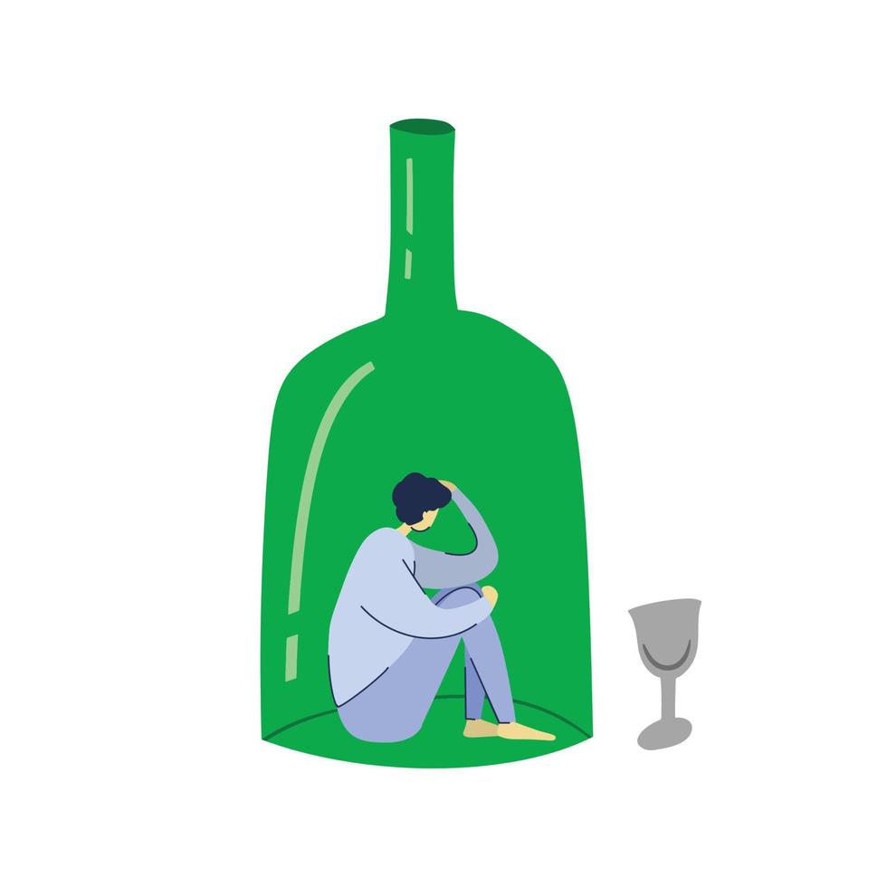 la niña sufre de alcoholismo. un hombre está sentado en una botella de alcohol vector