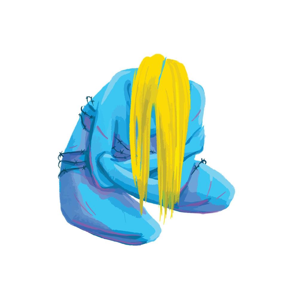 A girl in the colors of the Ukrainian flag is bound with barbed wire vector