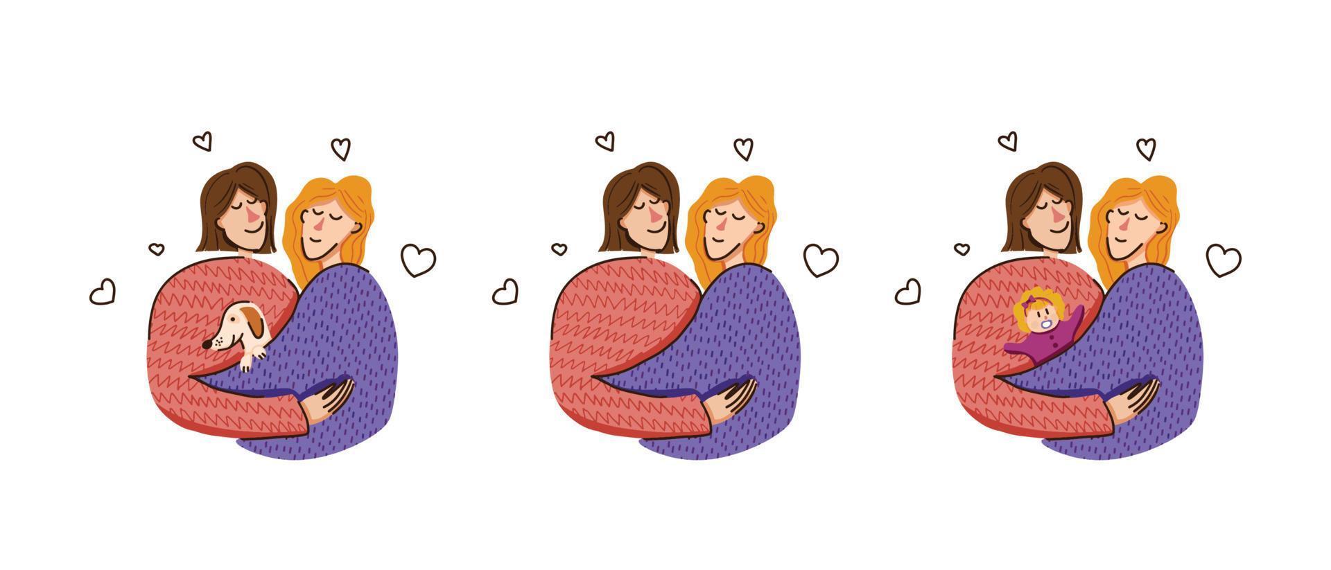 familia lesbiana con un niño, juntos, con una mascota. el amor es el amor. vector