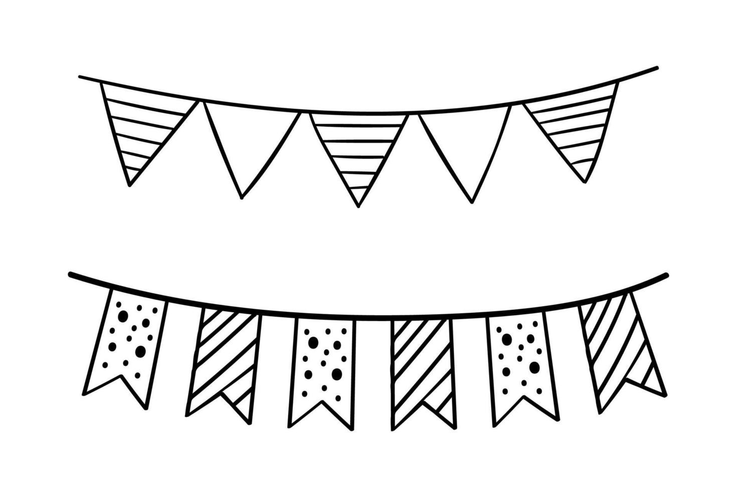 Doodle party bunting flags set. Black line sketch garlands vector