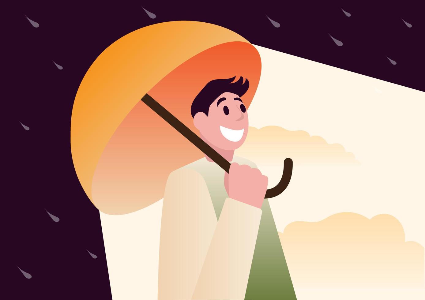 male character walking through heavy rain But inside his umbrella was bright and bright. positive worldview vector