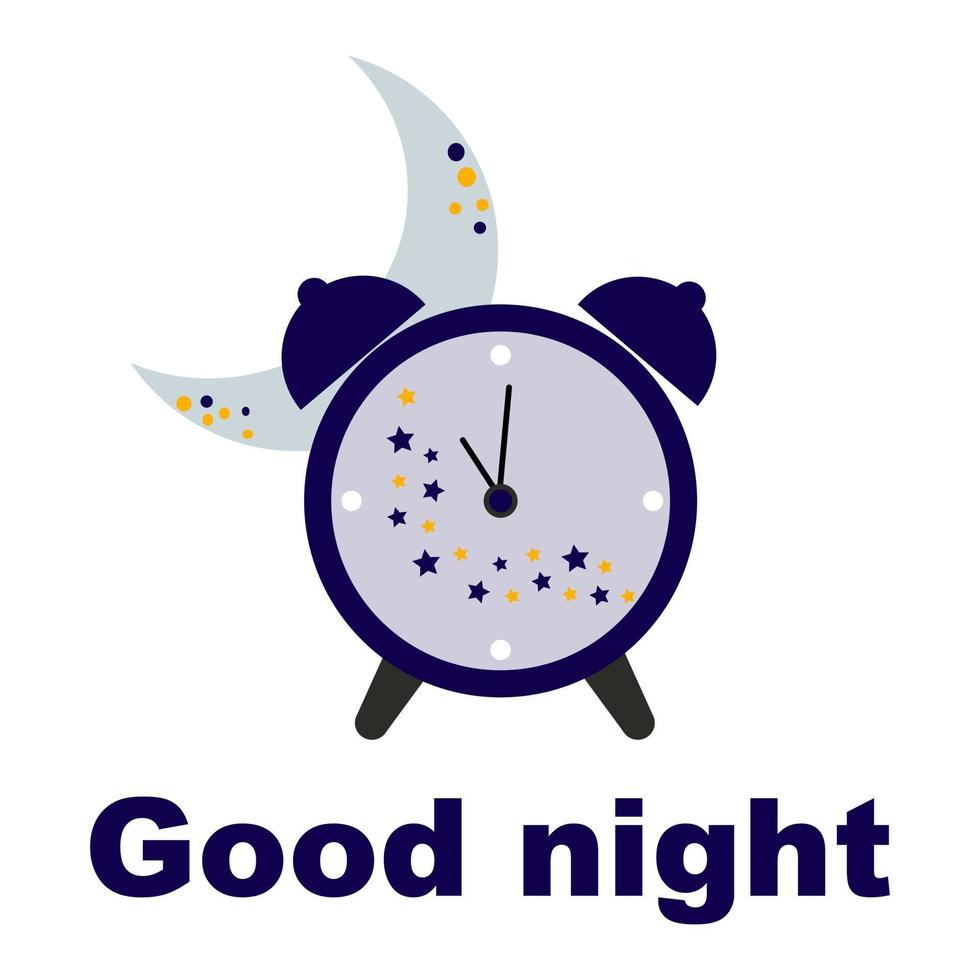 An alarm clock icon, a flat color illustration of an alarm clock with a moon, a banner with the inscription good night. Vector isolated on a white background