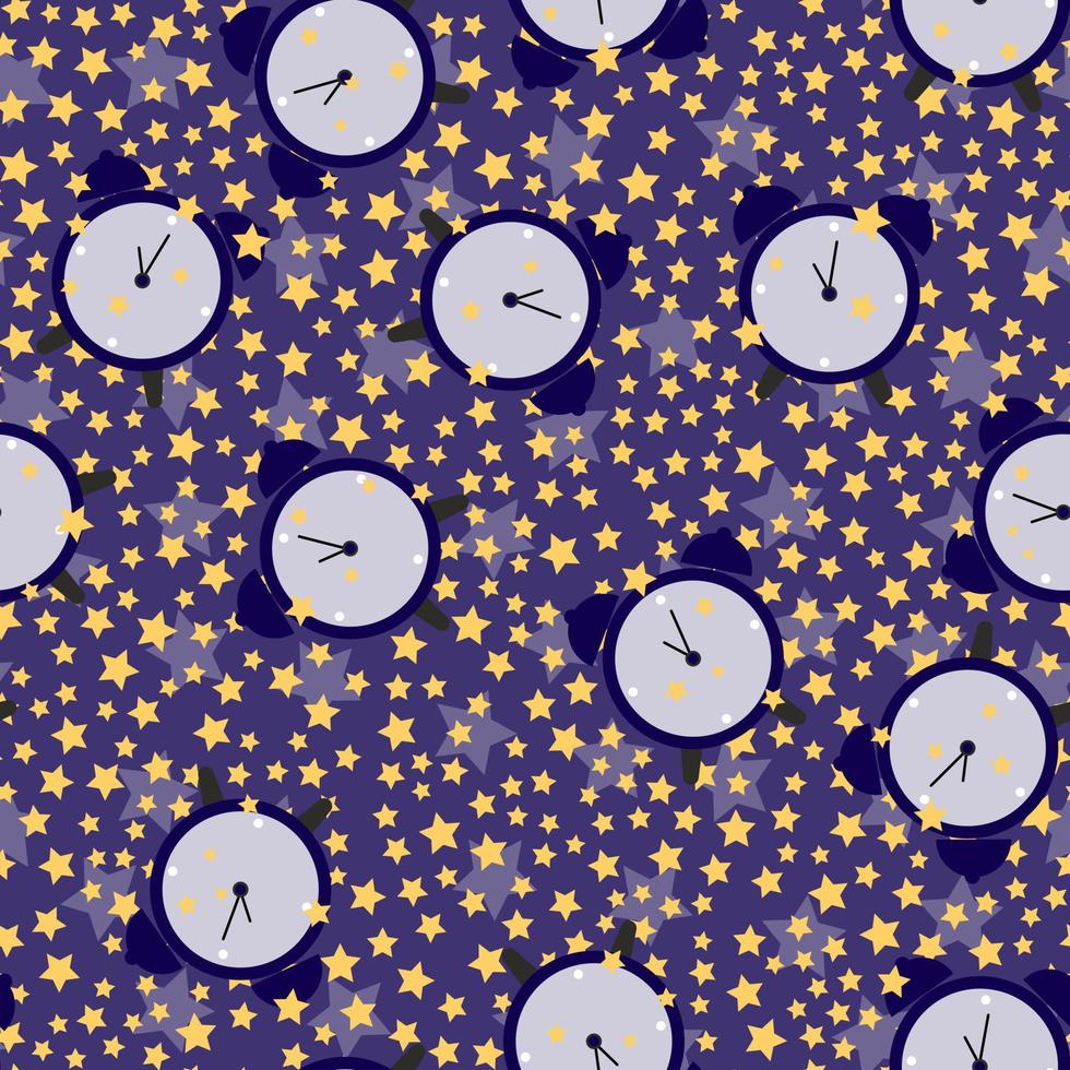 seamless pattern of alarm clock and stars on a dark background. vector illustration.