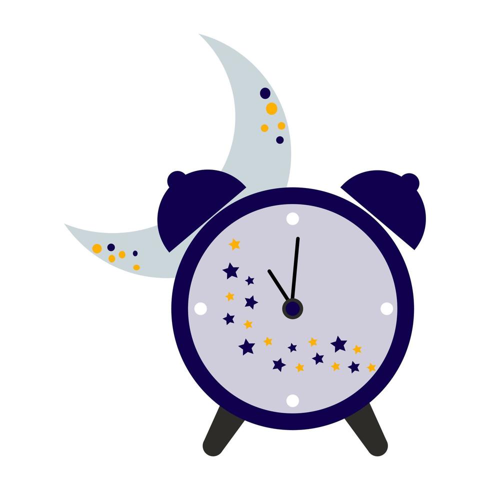 Alarm clock icon, flat color illustration of an alarm clock with the moon. Vector isolated on a white background.