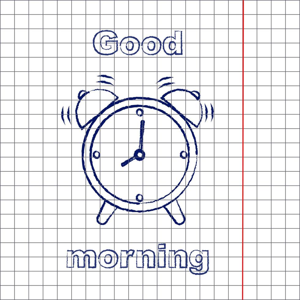a simple alarm clock icon, a linear symbol with a thin outline. Blue ink, outline outline style. A hand-drawn picture on a piece of paper. Scribbles on a checkered background vector