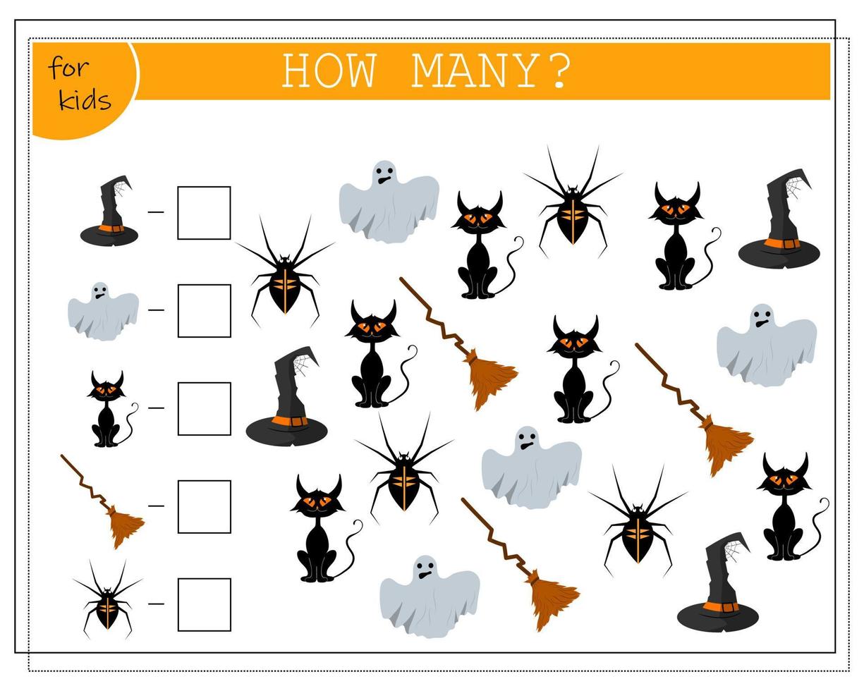 math game for kids count how many of them, broom, ghost, cat, spider, hat vector