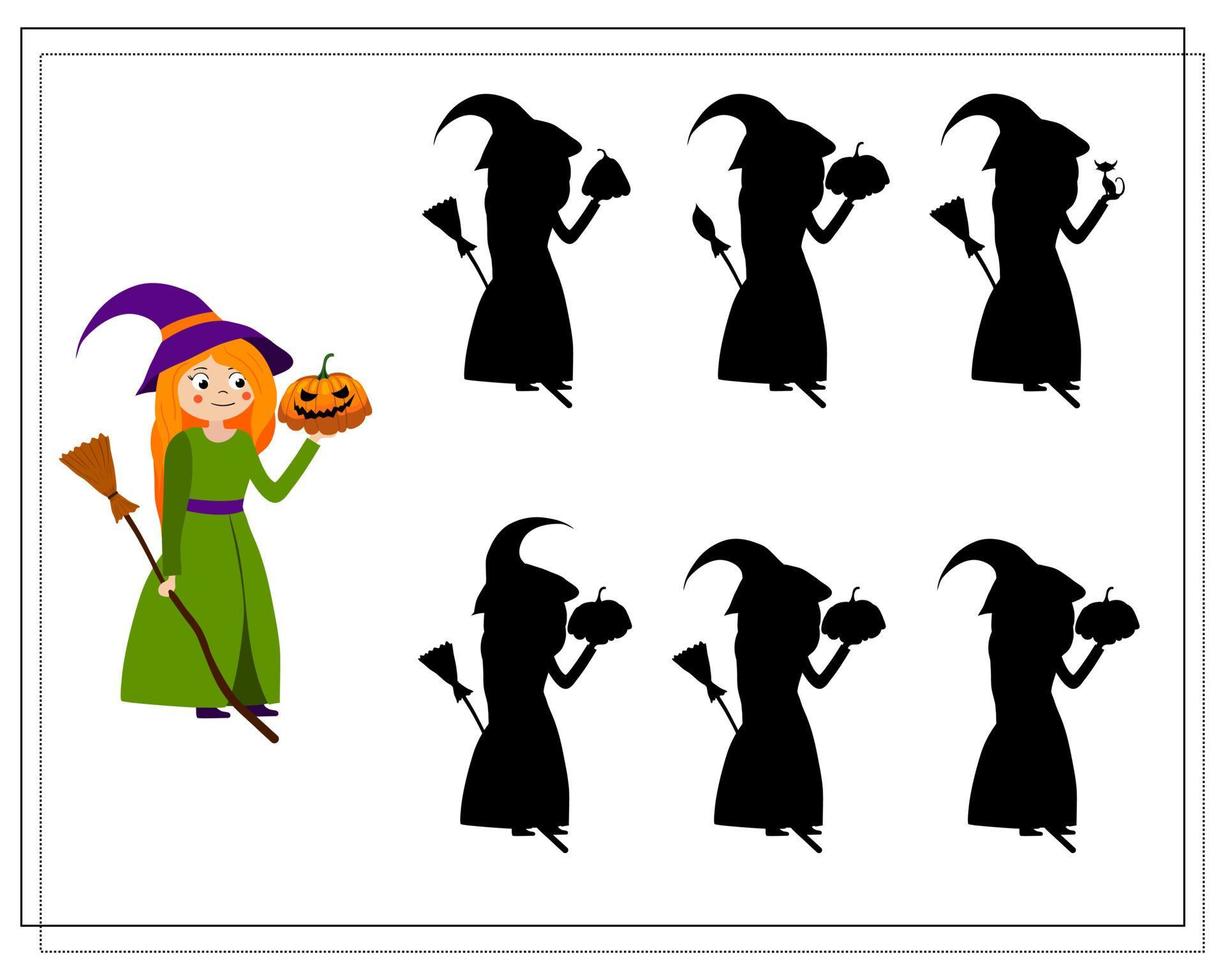 game for kids find the right shadow witch with a broom and pumpkin vector