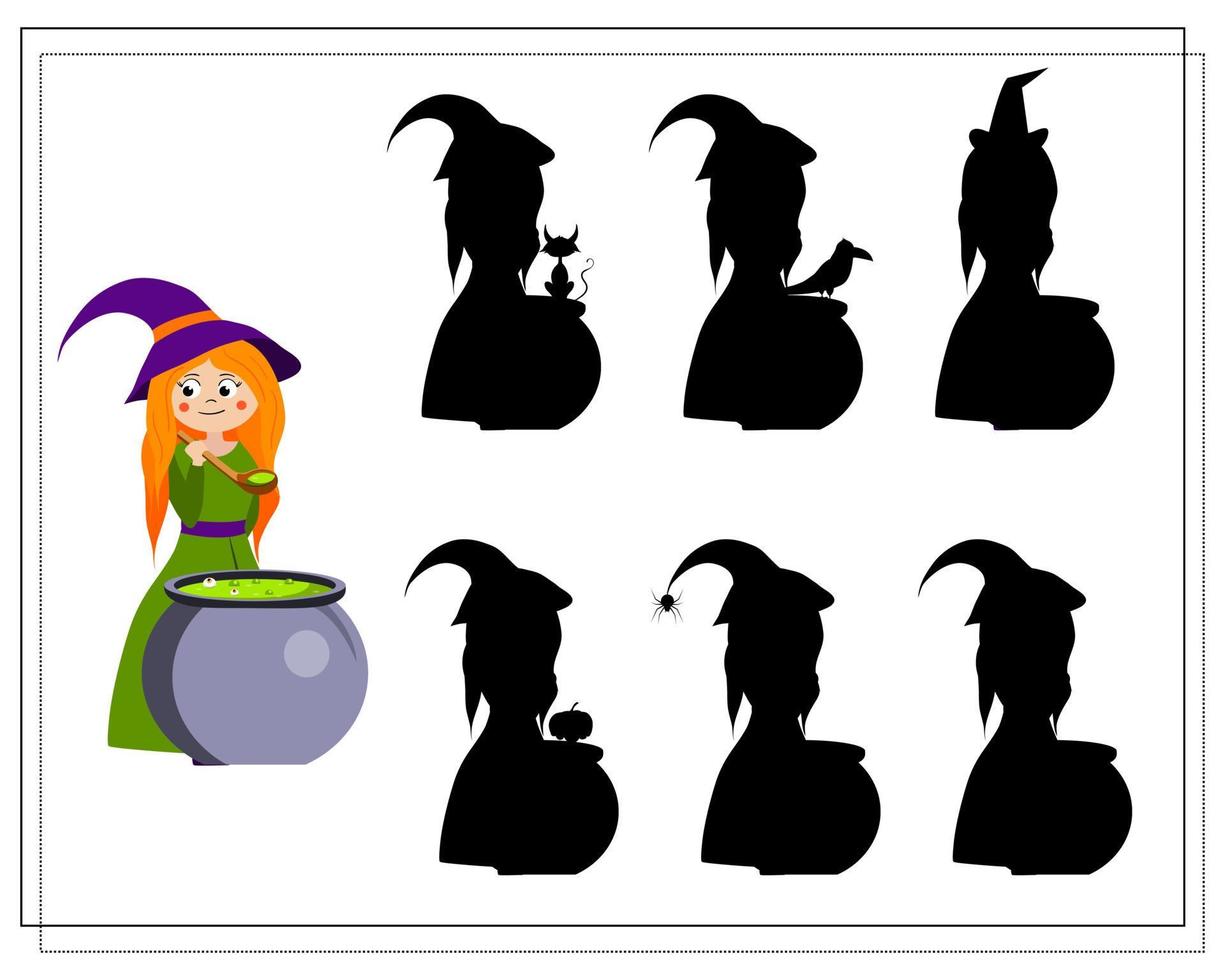 game for kids find the right shadow witch in the cauldron brews a potion, vector