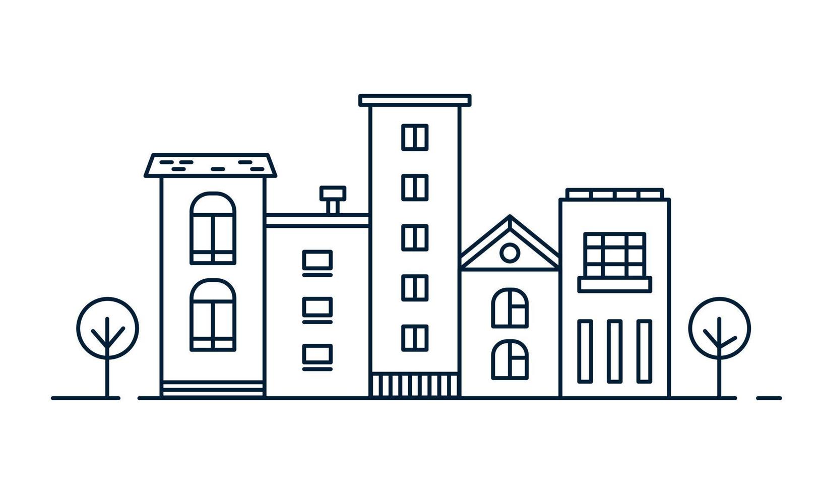 Street Houses line art concept. Urban Landscape with Buildings and Trees. Simply shapes, neighborhood. Vector illustration