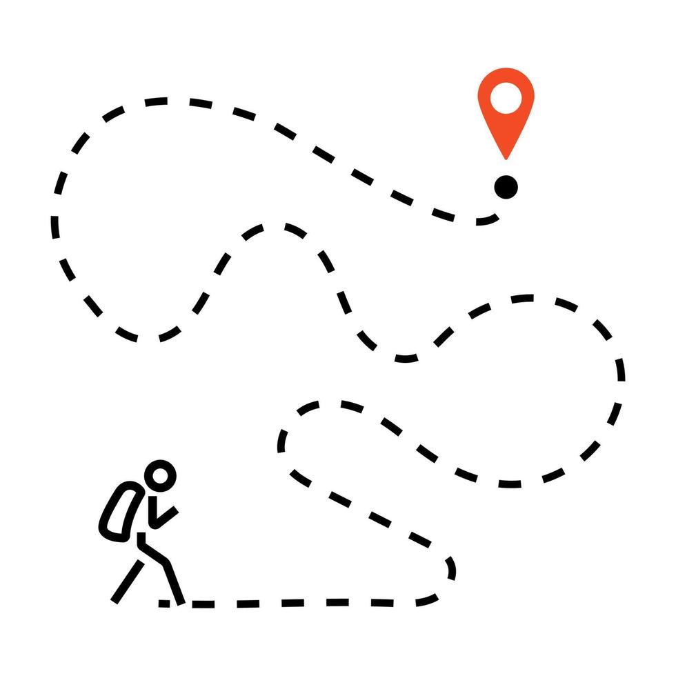 Destination line concept. Man hiking to goal, travel with map. Vector illustration