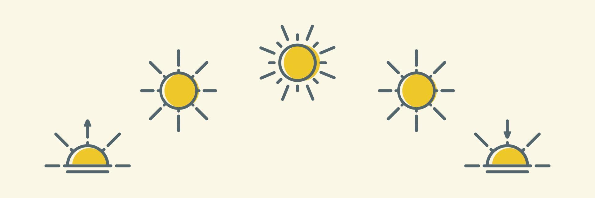 Day cycle line icon. Sun position Changing. Movement path sun. Clock with the time of day. Natural phenomenon. Sunshine Sunrise Sunset. Vector illustration