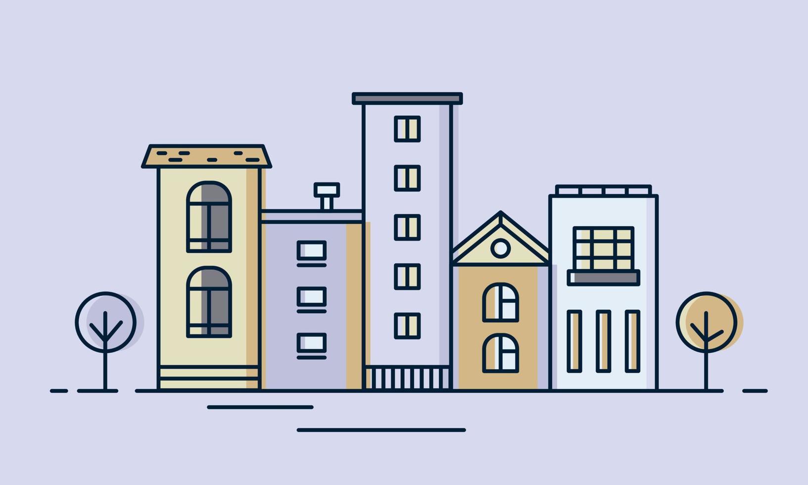 ilustración plana de edificios de barrio. calle de noche en la ciudad. ilustración vectorial vector