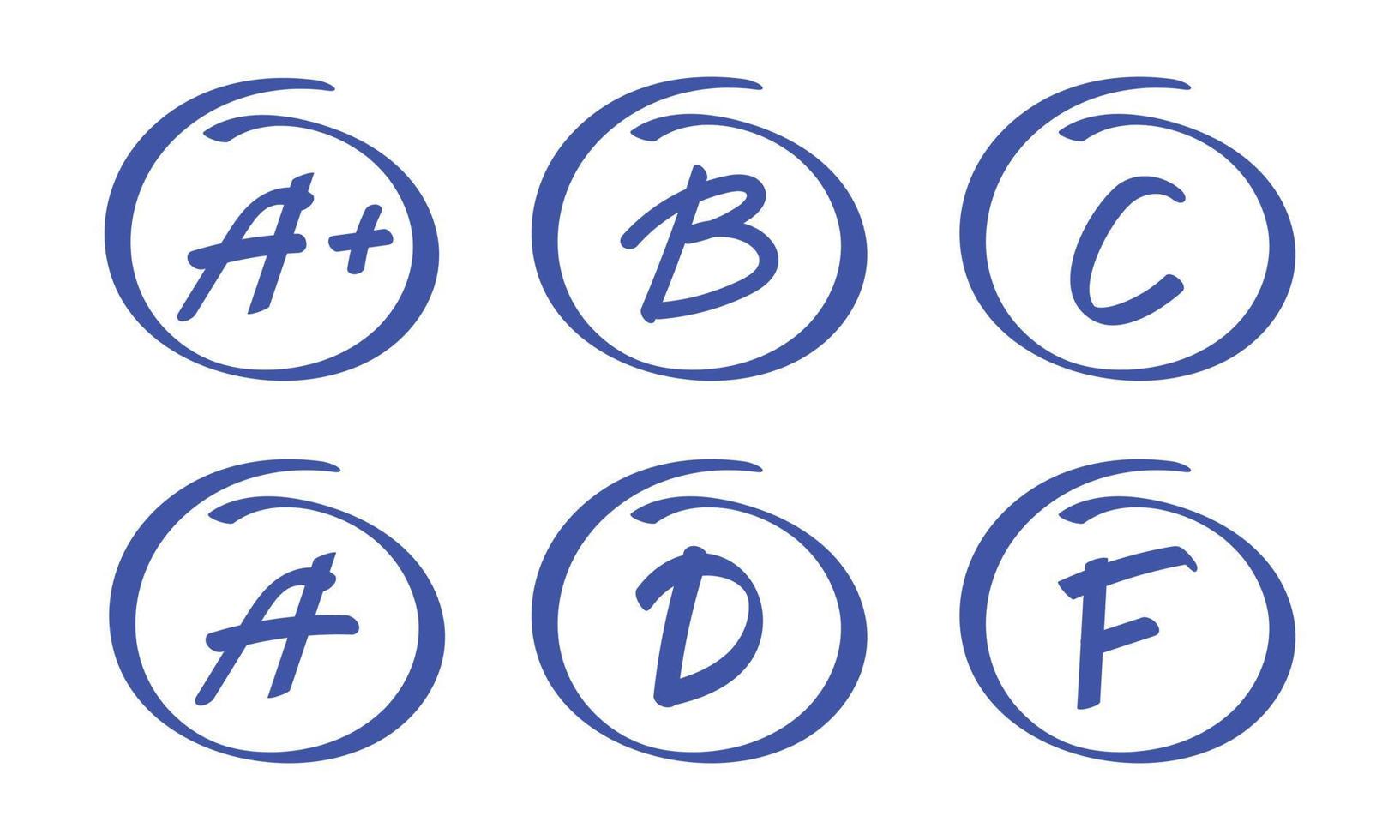 Grade mark hand drawn set icon. School test result of education. Blue signs on white background. Vector illustration