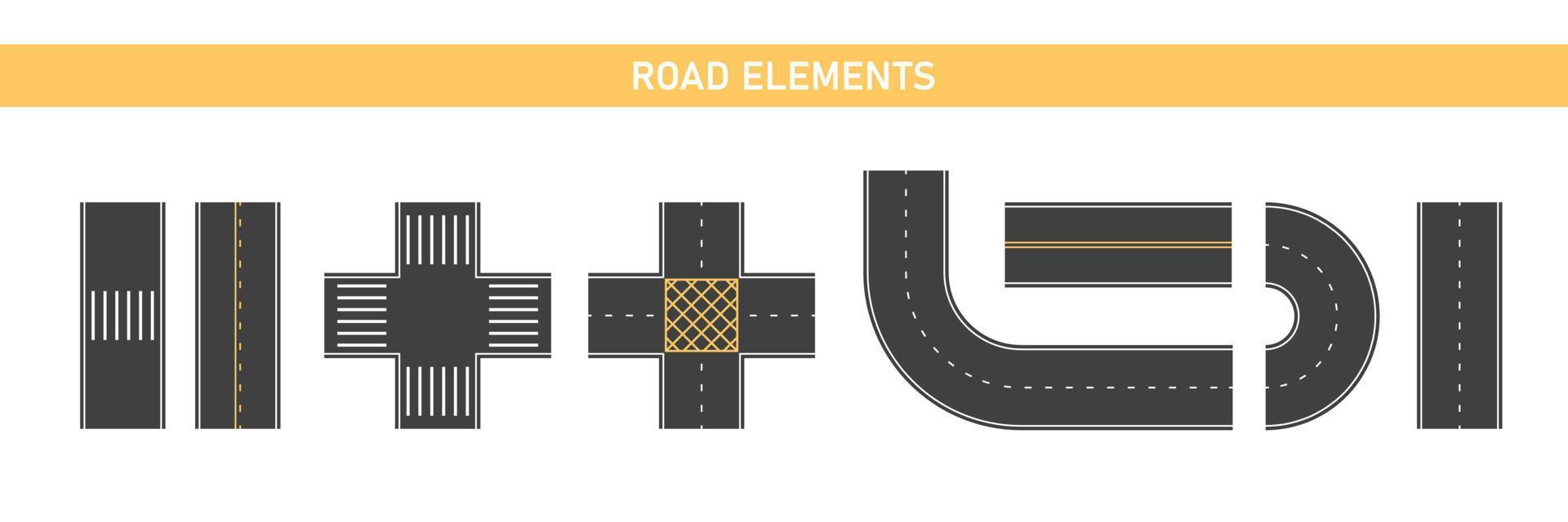 Road segments, parts set. Highway elements, way constructor. Urban crosswalk, road and crossroads. Vector