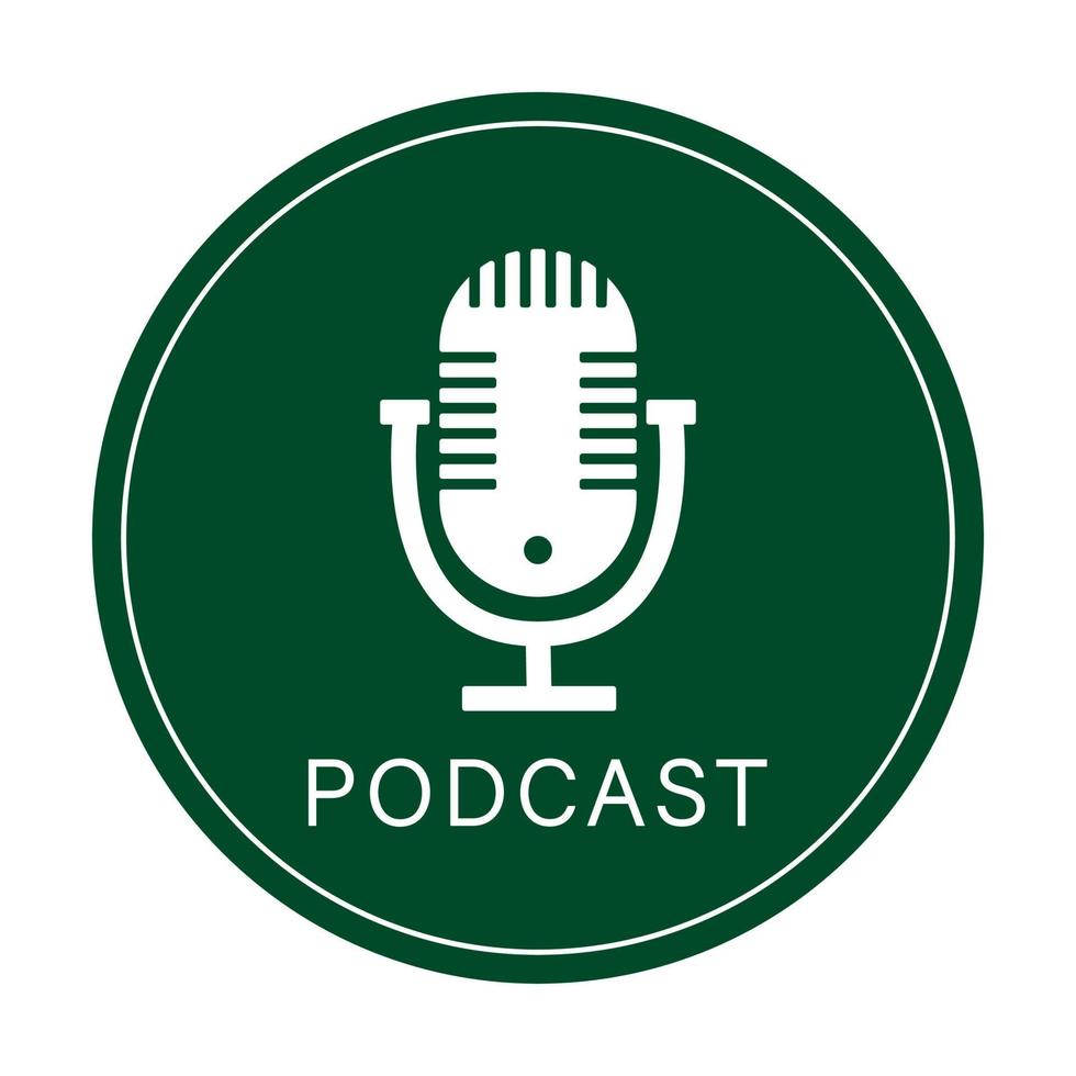 Podcast radio icon. Studio table microphone with broadcast text podcast. Webcast audio record concept logo. Vector illustration