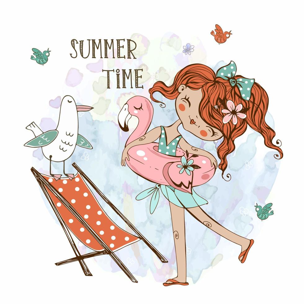 Cute girl in a swimsuit with a swimming circle on the beach with a seagull. Summer time. Vector. vector