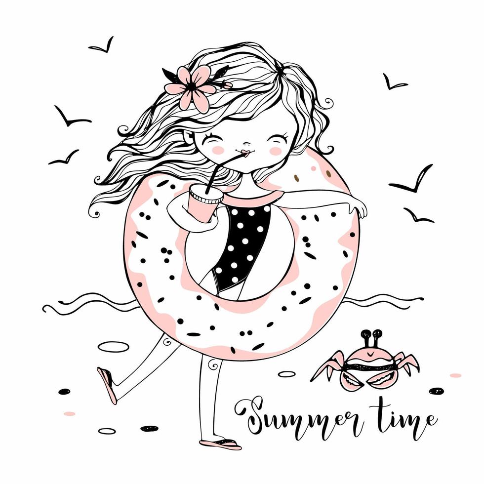 Cute girl in a swimsuit with a swimming circle on the beach with a cute crab. Vector. vector