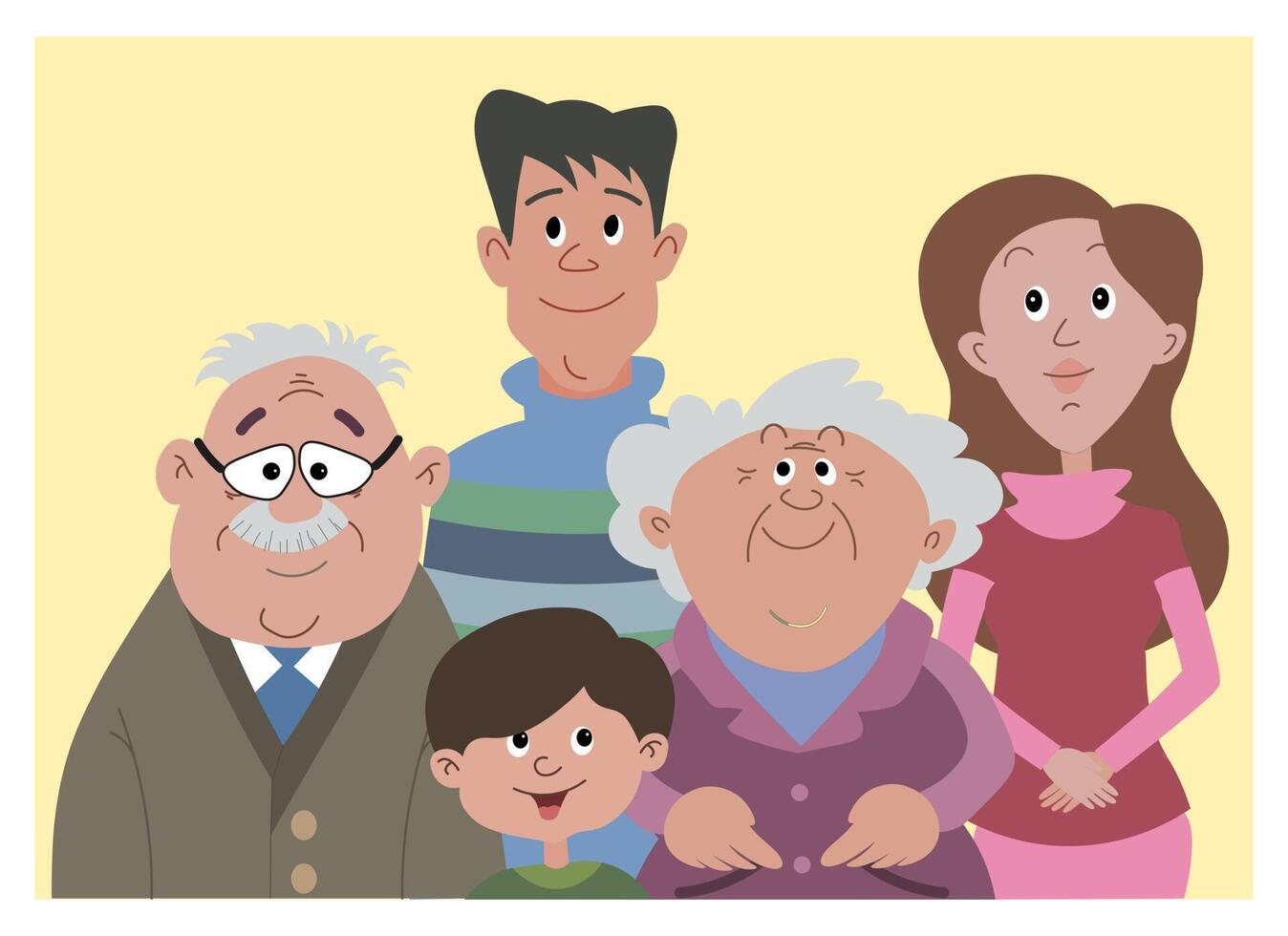 Ilustracion Familiar Papa Mama Hijo Abuelos Al Estilo De Las Caricaturas Retrato Familiar De Una Familia Feliz Ilustracion Infantil Impresion Vector En Vecteezy