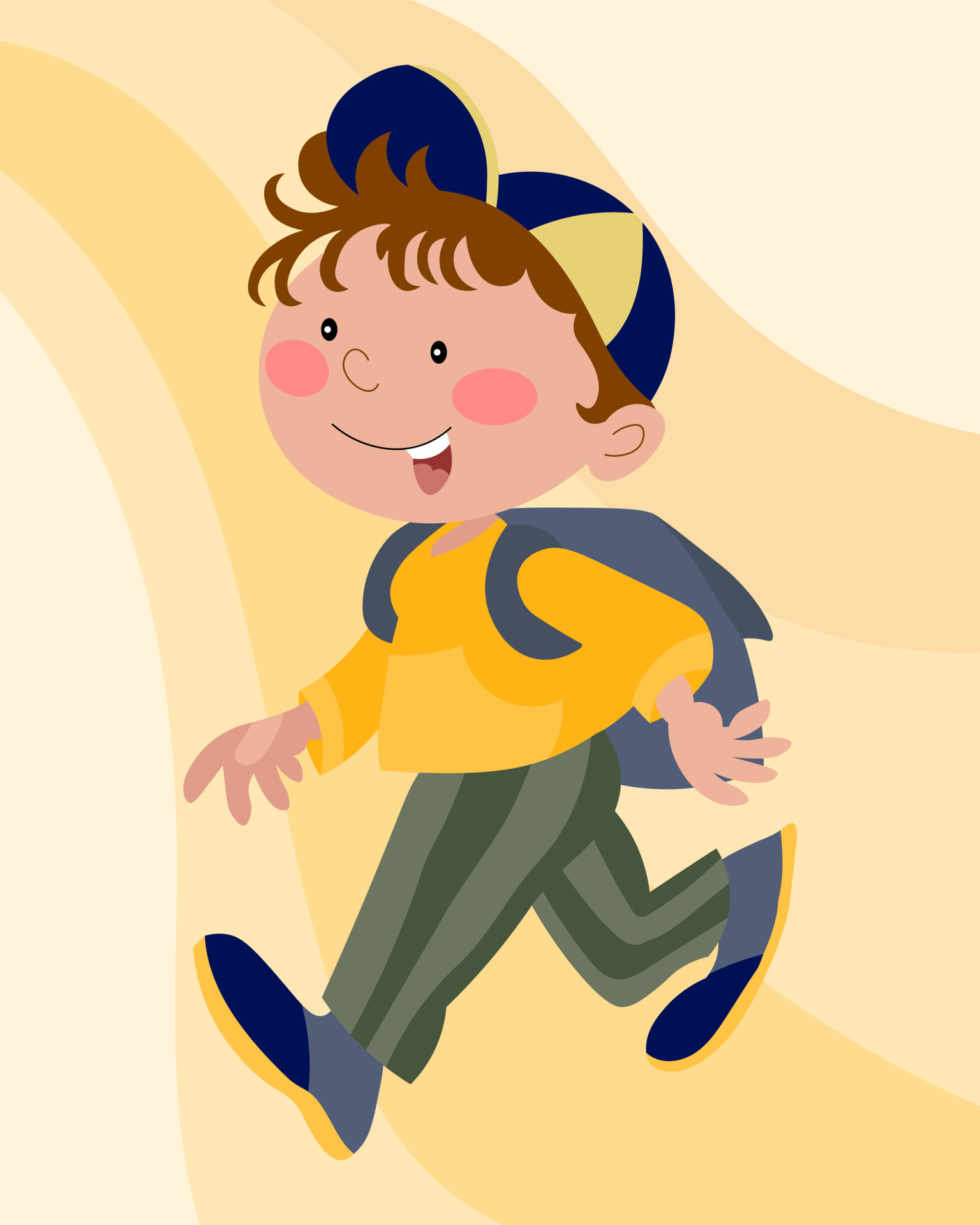 Illustration, cute funny boy with a school bag runs to school. A boy in a  body shirt and a cap. Cartoon illustration, vector 6923131 Vector Art at  Vecteezy