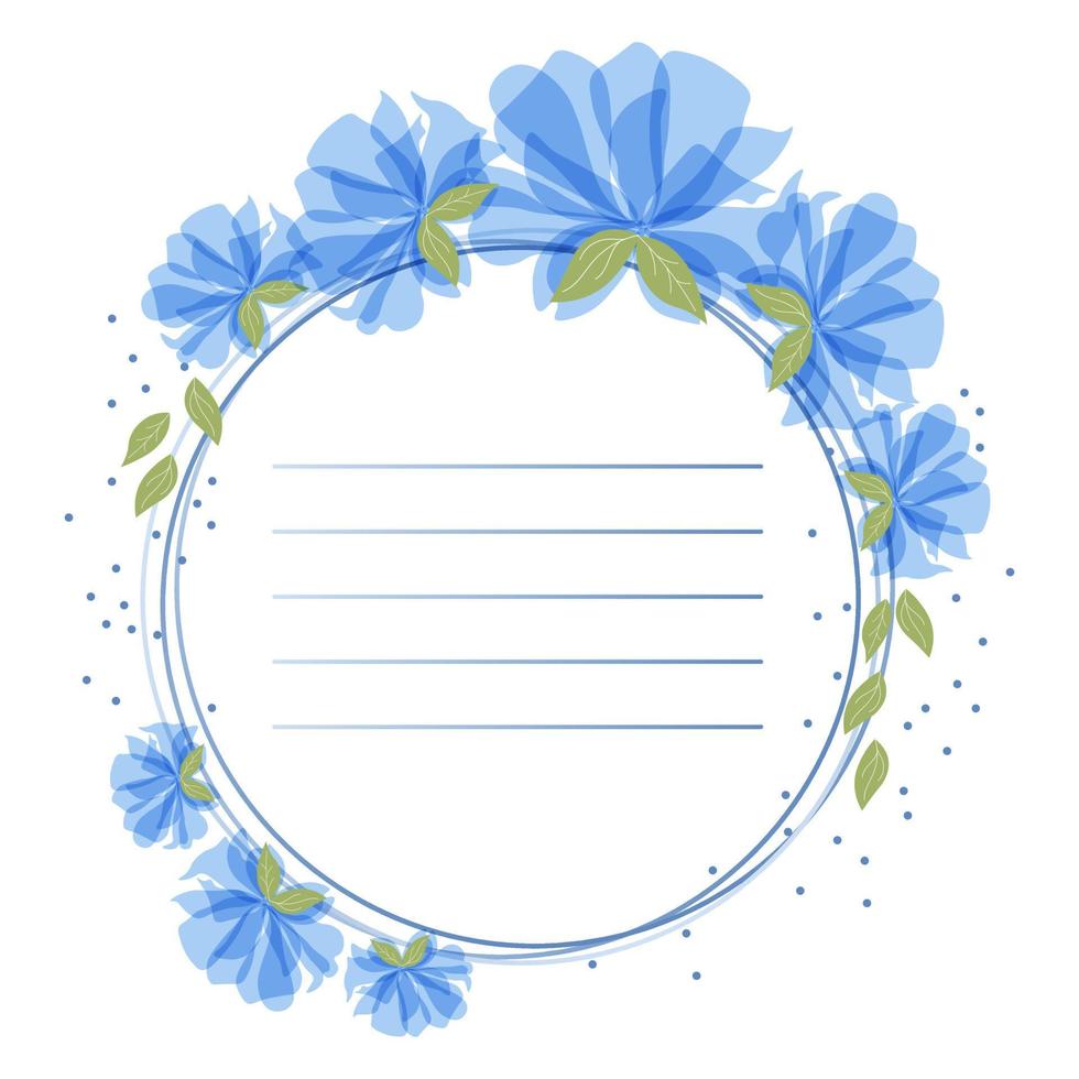corona redonda, marco de delicadas flores azules transparentes y líneas para  texto. diseño para invitación de boda, tarjeta de felicitación feliz  cumpleaños, aniversario. vector 6923155 Vector en Vecteezy