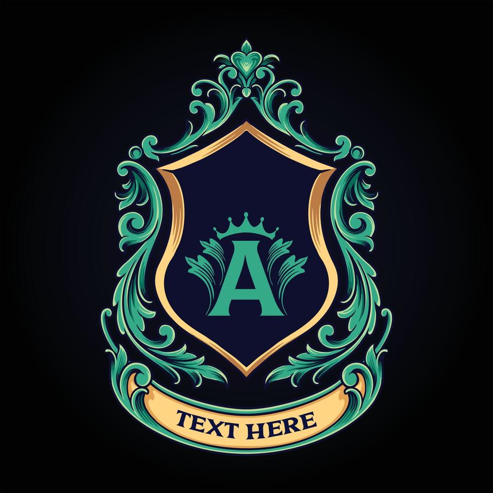 Green shield crown badge with classic ribbon vector