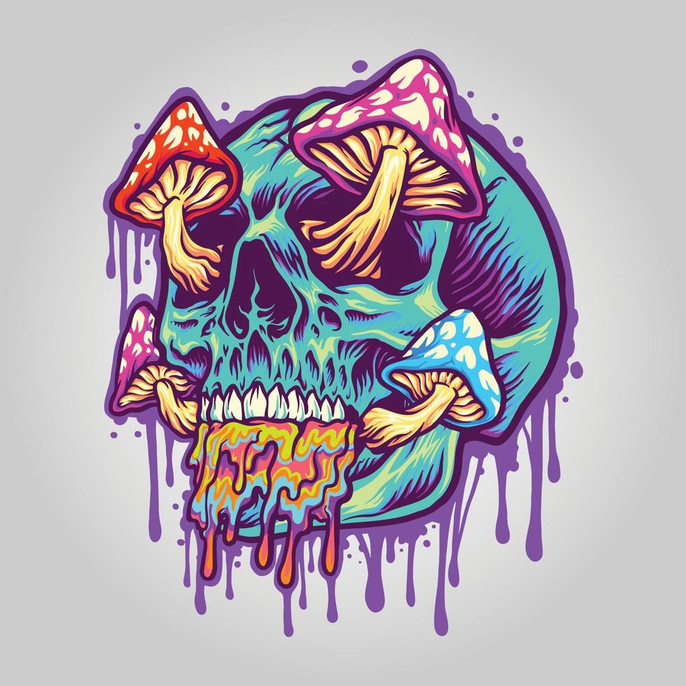 Magic Mushroom with scary blue skull head psychedelic Mascot Vector illustrations