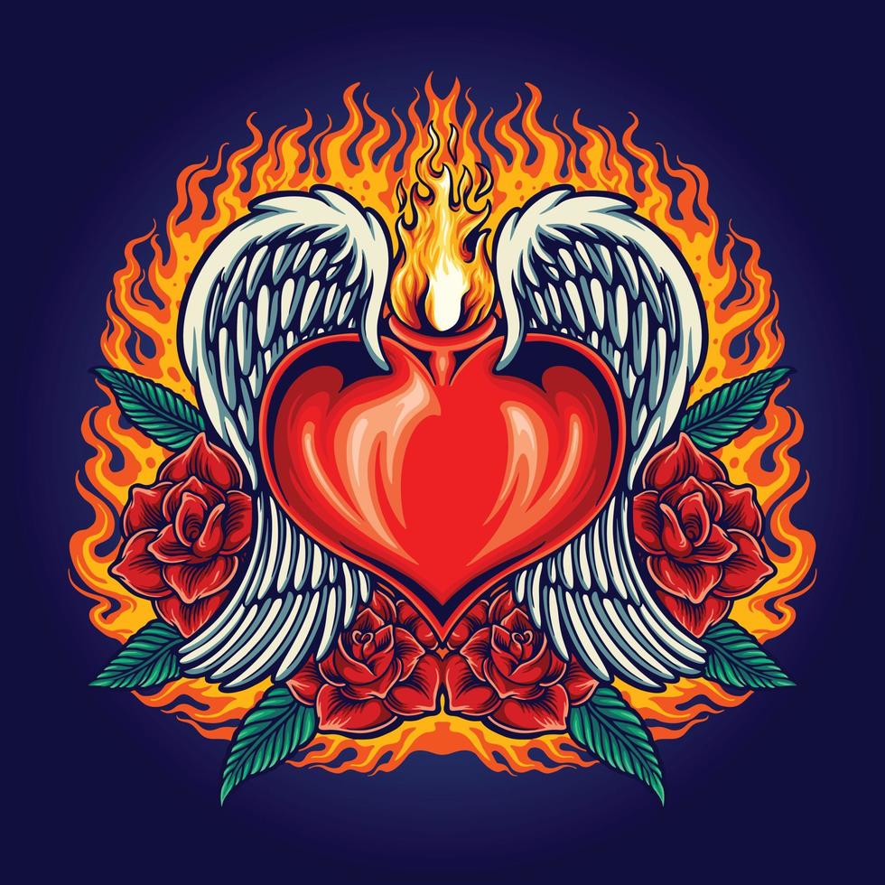 Heart angel fiery with red rose blooms Vector illustrations