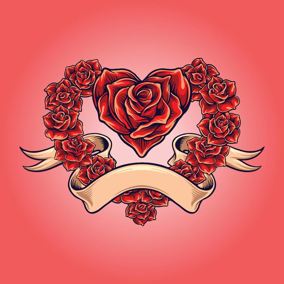 Red rose blooms love shape with vintage ribbon Vector illustrations