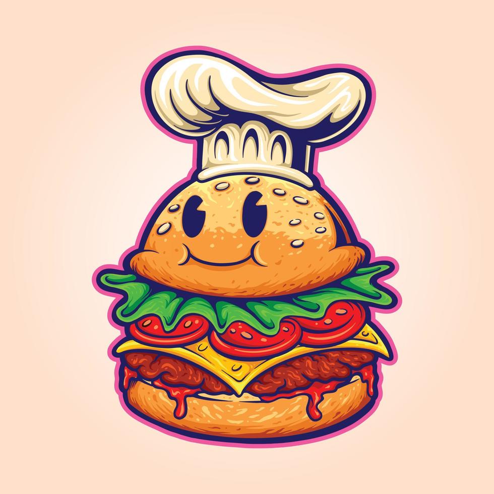 Burger chef food cartoon character logo mascot Illustrations vector