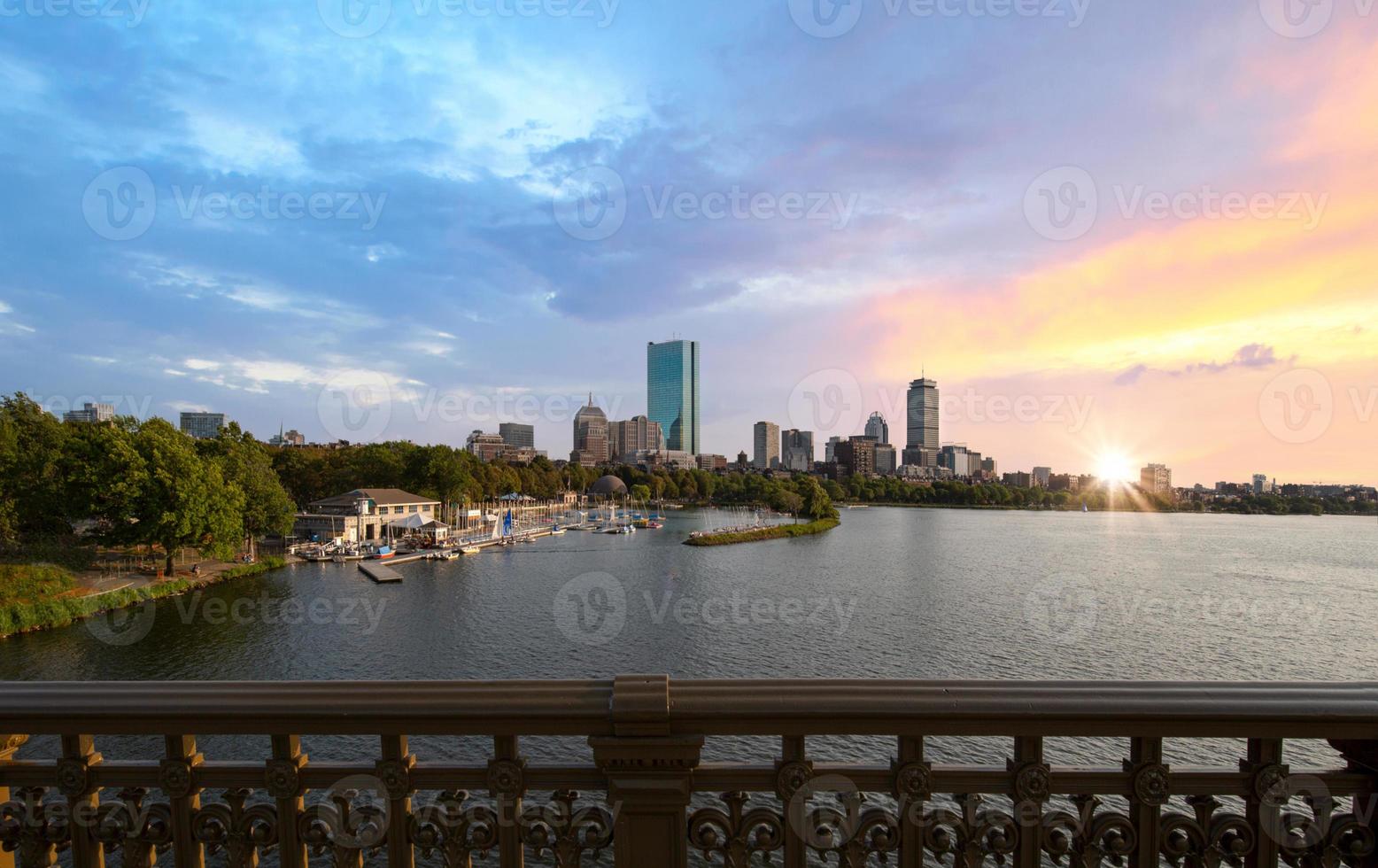 USA, Panoramic view of Boston skyline and downtown from Longfellow bridge over Charles River photo