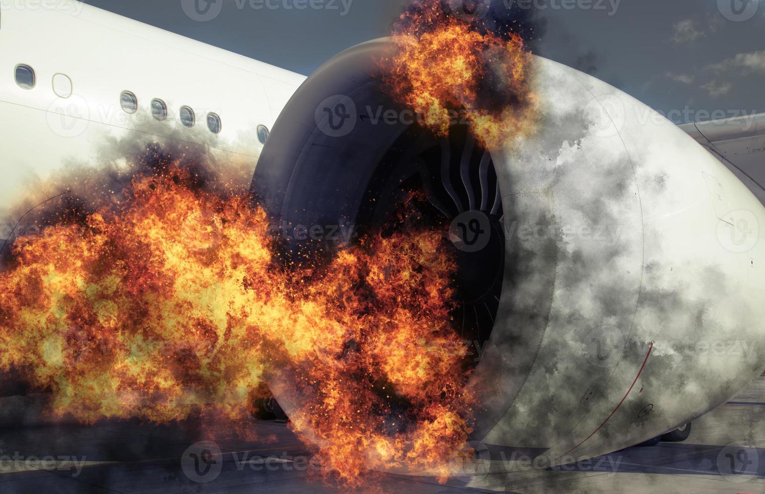 Grounded plane in the airport experiencing a catastrophic failure event caused by burning engine, fire and smoke photo