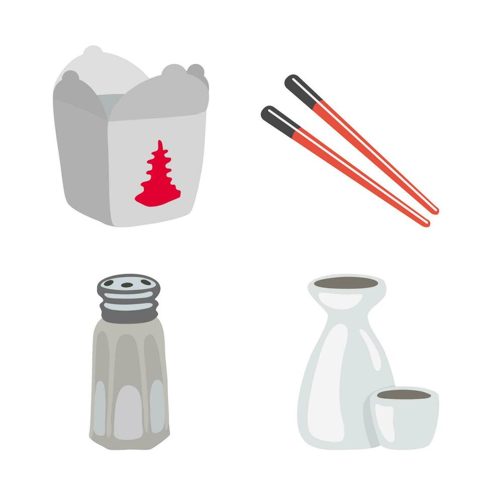 cartoon vector Noodle box, chopsticks, salt, sake