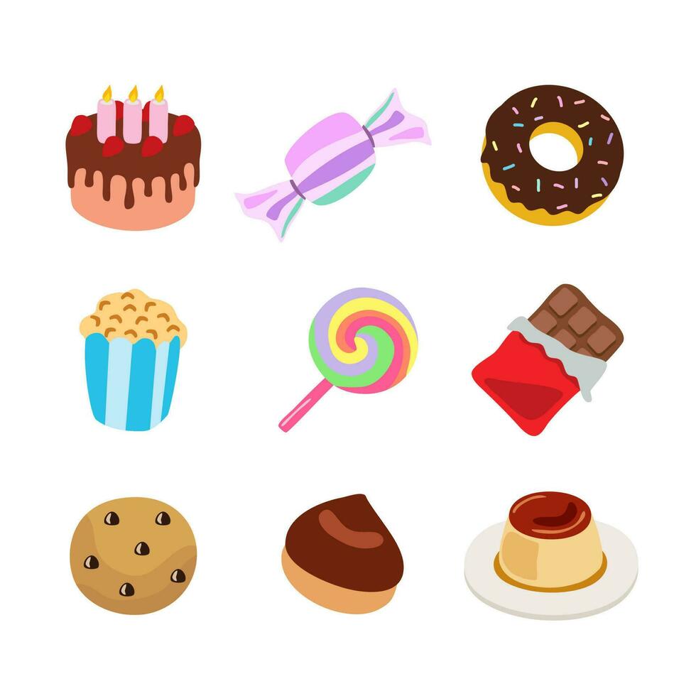 vector dessert cake candy donuts popcorn lollipop chocolate cookies walnut pudding