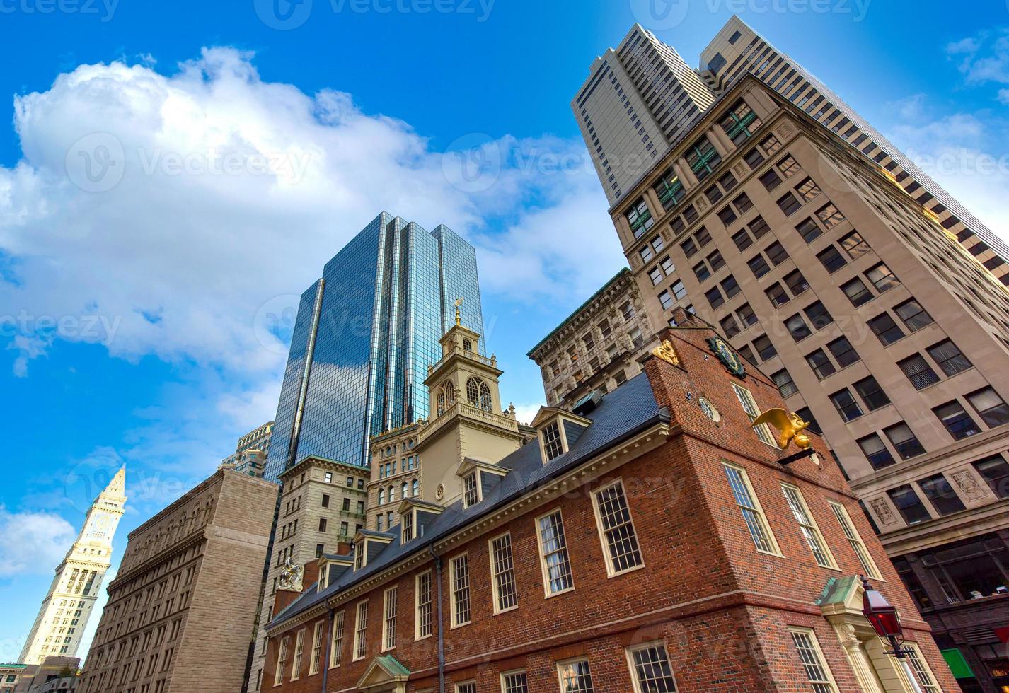 Boston historic center streets near Freedom Trail and main attractions at a bright sunny day photo