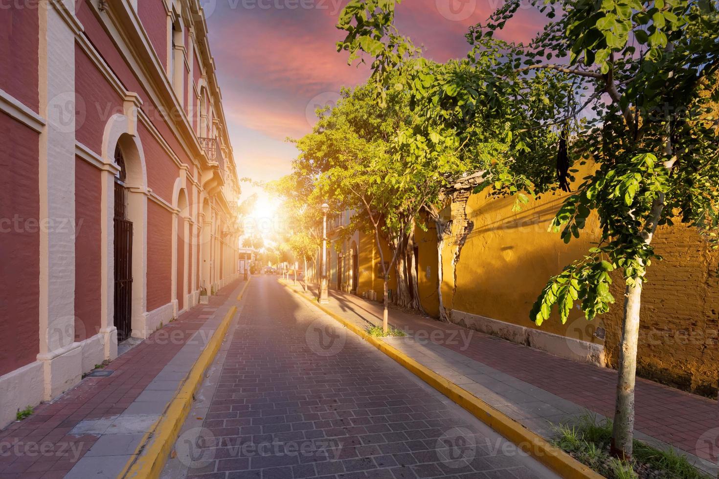 Mexico, Mazatlan, Colorful old city streets in historic city center near El Malecon promenade, ocean shore Zona Hotelera Hotel Zone and central Mazatlan Basilica cathedral photo