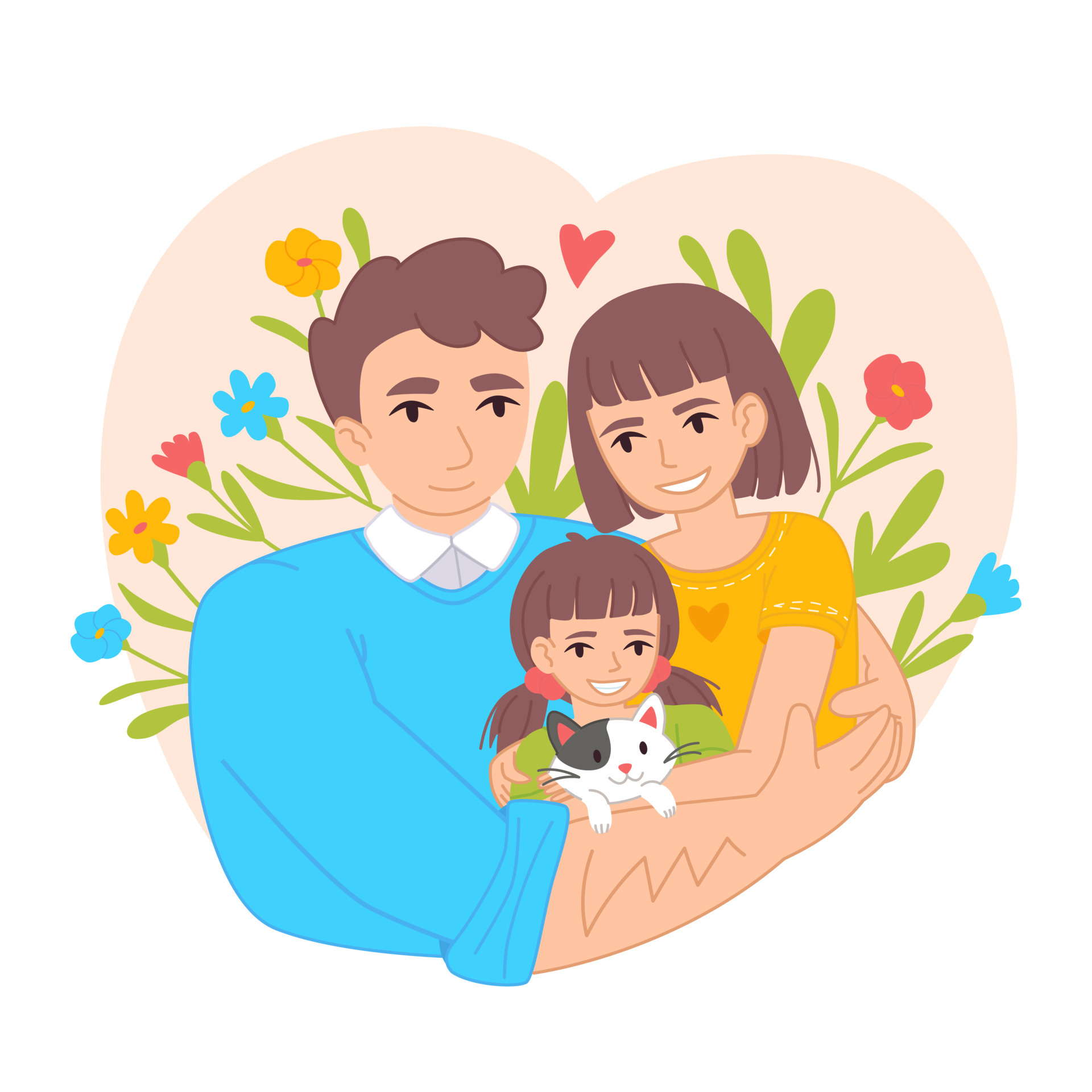 Happy family hugs concept. Father, mother, daughter and cat. Ukraine people  on heart flower background. Vector Illustration in flat cartoon style  isolated on white. Blue yellow colors. 6924123 Vector Art at Vecteezy