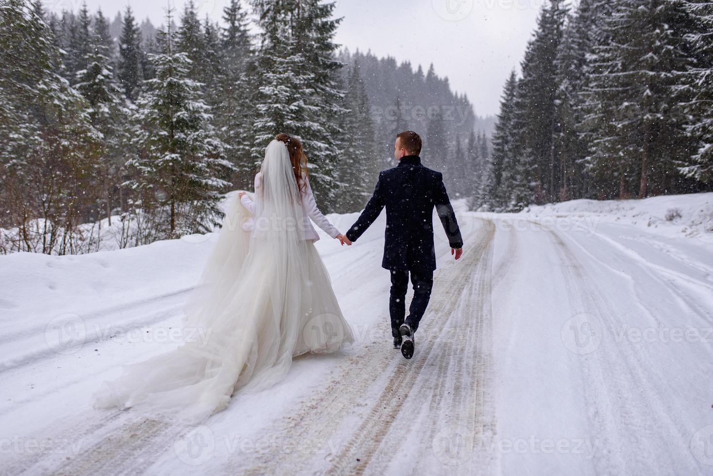 The groom leads his bride by the hand to a lonely old beech. Winter wedding. Place for a logo. photo