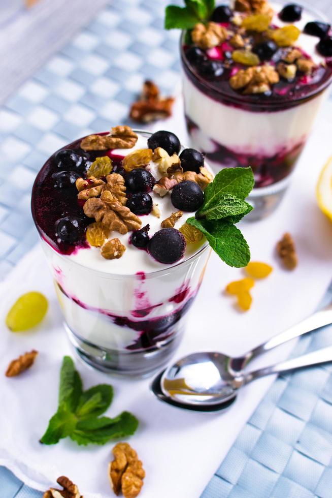 cream dessert with berries, black currant jam and nuts decorated with mint leaves photo